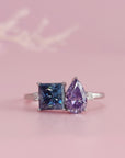 Dual-Hue Whisper: princess Cut & Pear Cut Moissanite Ashes Ring