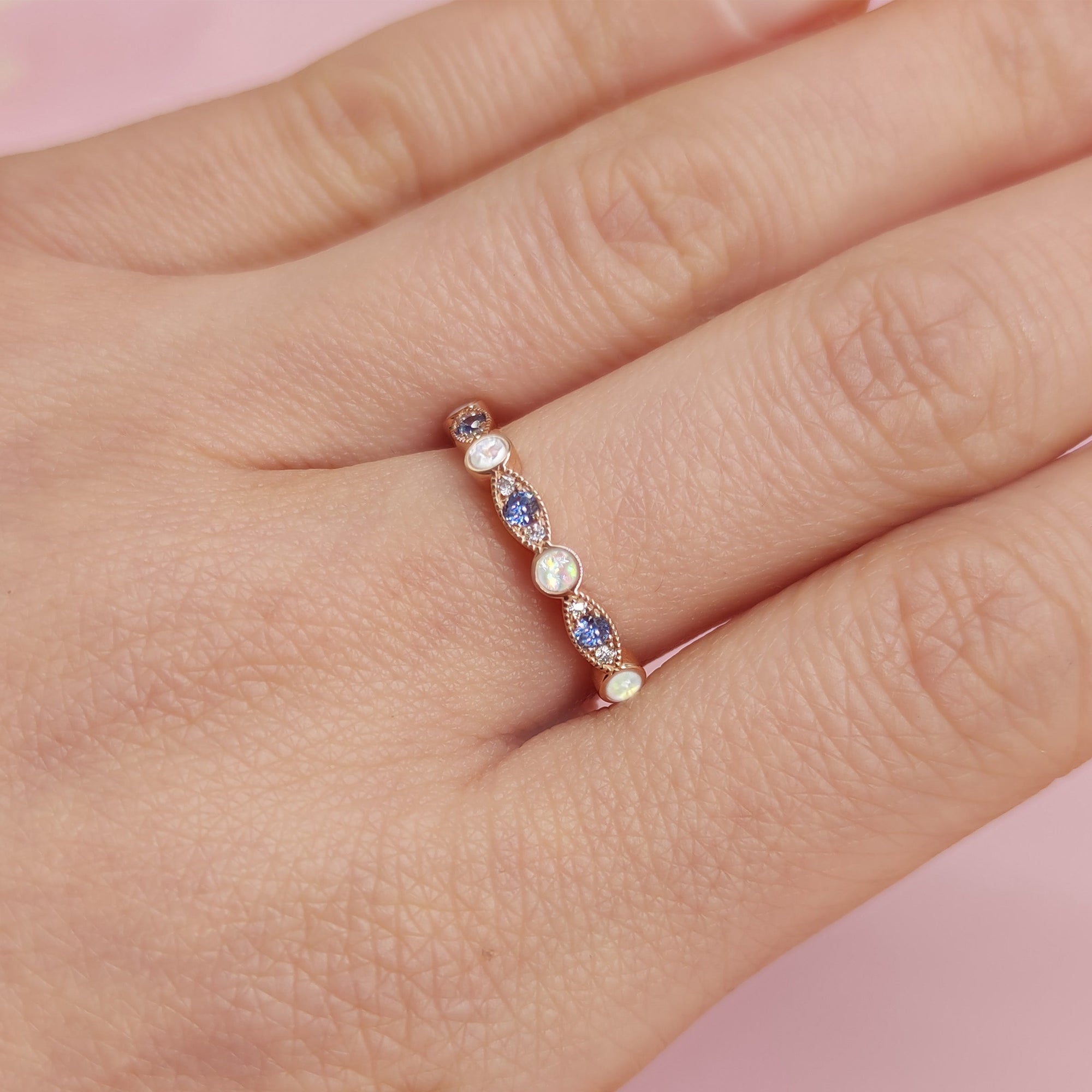 NurtureGlow: Solid Gold Birthstone Ashes Stackable Ring