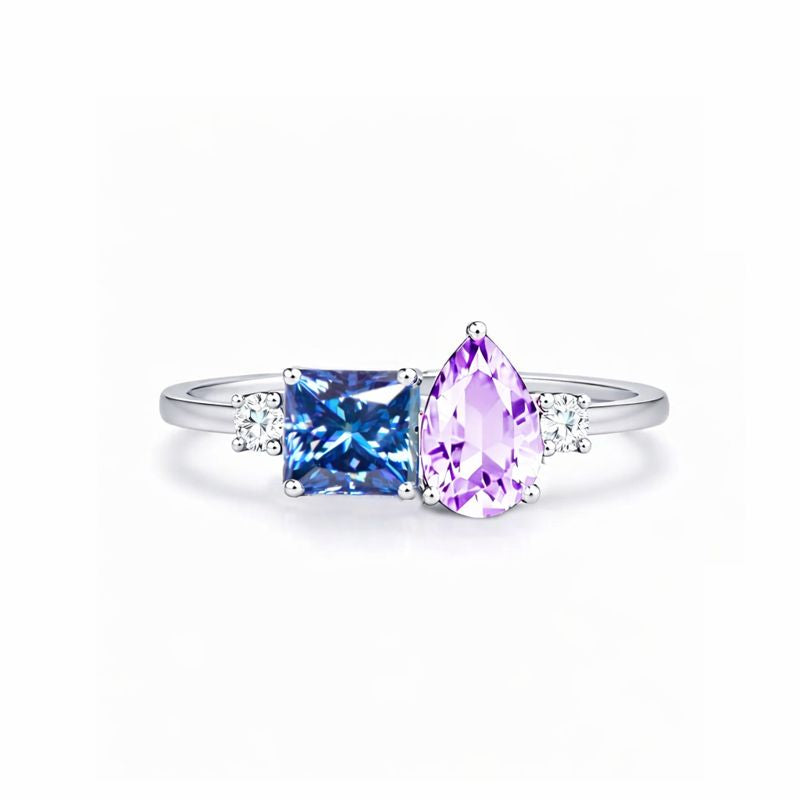 Dual-Hue Whisper: princess Cut &amp; Pear Cut Moissanite Ashes Ring