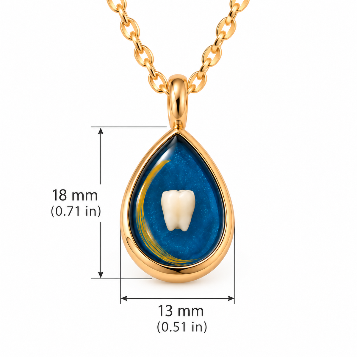 Gold teardrop pendant necklace with a blue resin inlay and a white tooth in the center, shown with dimension markers of 18 mm height and 13 mm width on a white background.