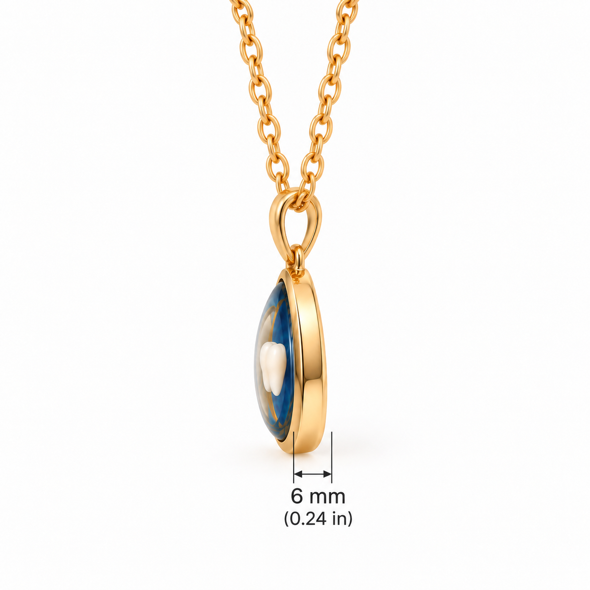 Gold chain necklace with a teardrop-shaped pendant featuring a blue and white pattern, shown on a white background with a 6 mm (0.24 in) width measurement overlay.