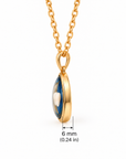 Gold chain necklace with a teardrop-shaped pendant featuring a blue and white pattern, shown on a white background with a 6 mm (0.24 in) width measurement overlay.