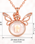 Rose gold angel wing keepsake pendant necklace with a tooth inside a clear dome, shown with dimension markings for overall width 24 mm, height 20 mm, and keepsake stone diameter 10 mm on a soft light background.