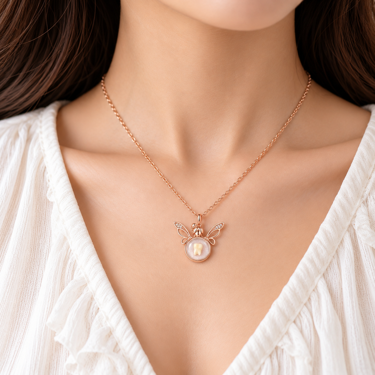 A close-up of a woman wearing a delicate rose gold chain necklace with a fairy pendant featuring a white pearl center.