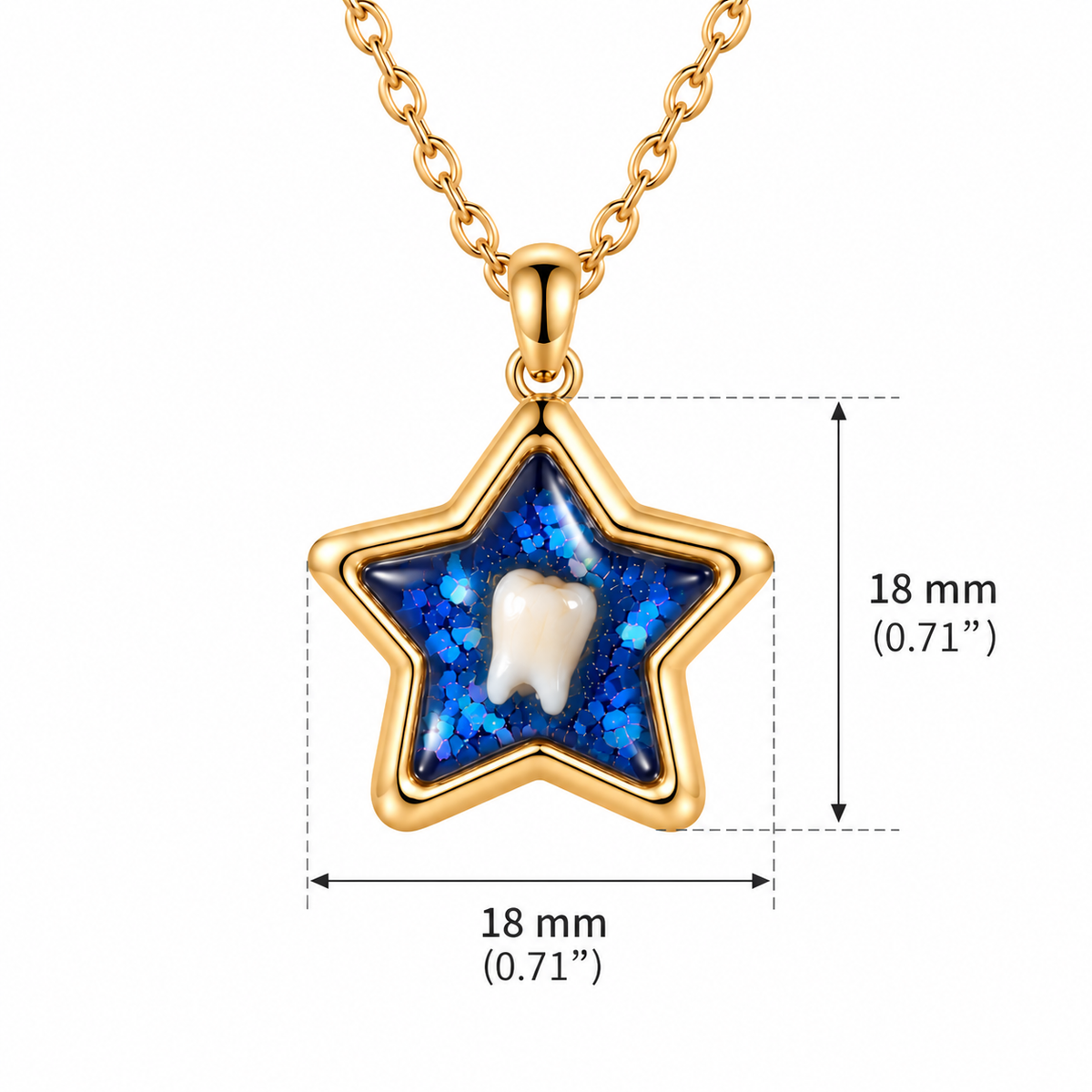 Gold star-shaped pendant necklace with a blue glittery inlay and a white tooth in the center, shown on a chain with dimension labels indicating 18 mm by 18 mm.