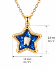 Gold star-shaped pendant necklace with a blue glittery inlay and a white tooth in the center, shown on a chain with dimension labels indicating 18 mm by 18 mm.