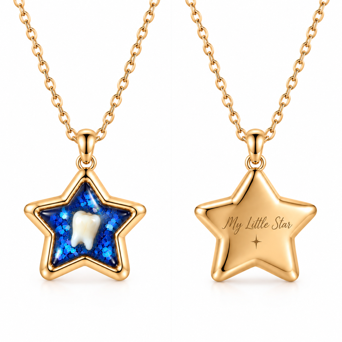 Two gold star-shaped pendant necklaces on a white background, showing the front and back. The front pendant features a sparkling blue enamel background with a white tooth in the center.