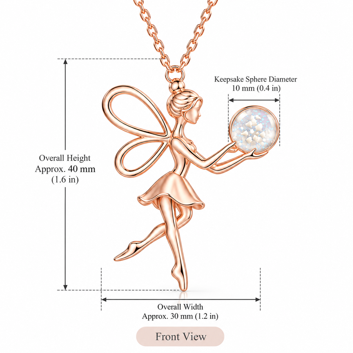 Rose gold fairy pendant necklace with a keepsake sphere, shown with dimension annotations for overall height, width, and the sphere diameter on a white background.