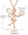 Rose gold fairy pendant necklace with a keepsake sphere, shown with dimension annotations for overall height, width, and the sphere diameter on a white background.