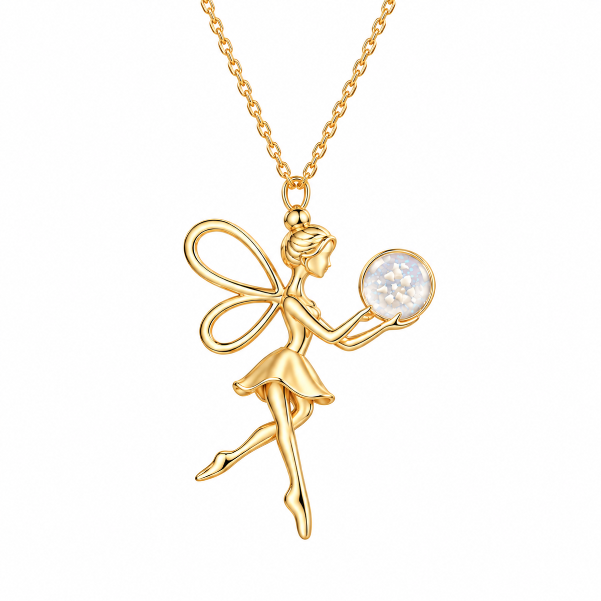 A gold fairy pendant necklace on a matching chain, featuring a gold fairy holding a round white opal-like gemstone, set against a plain white background.