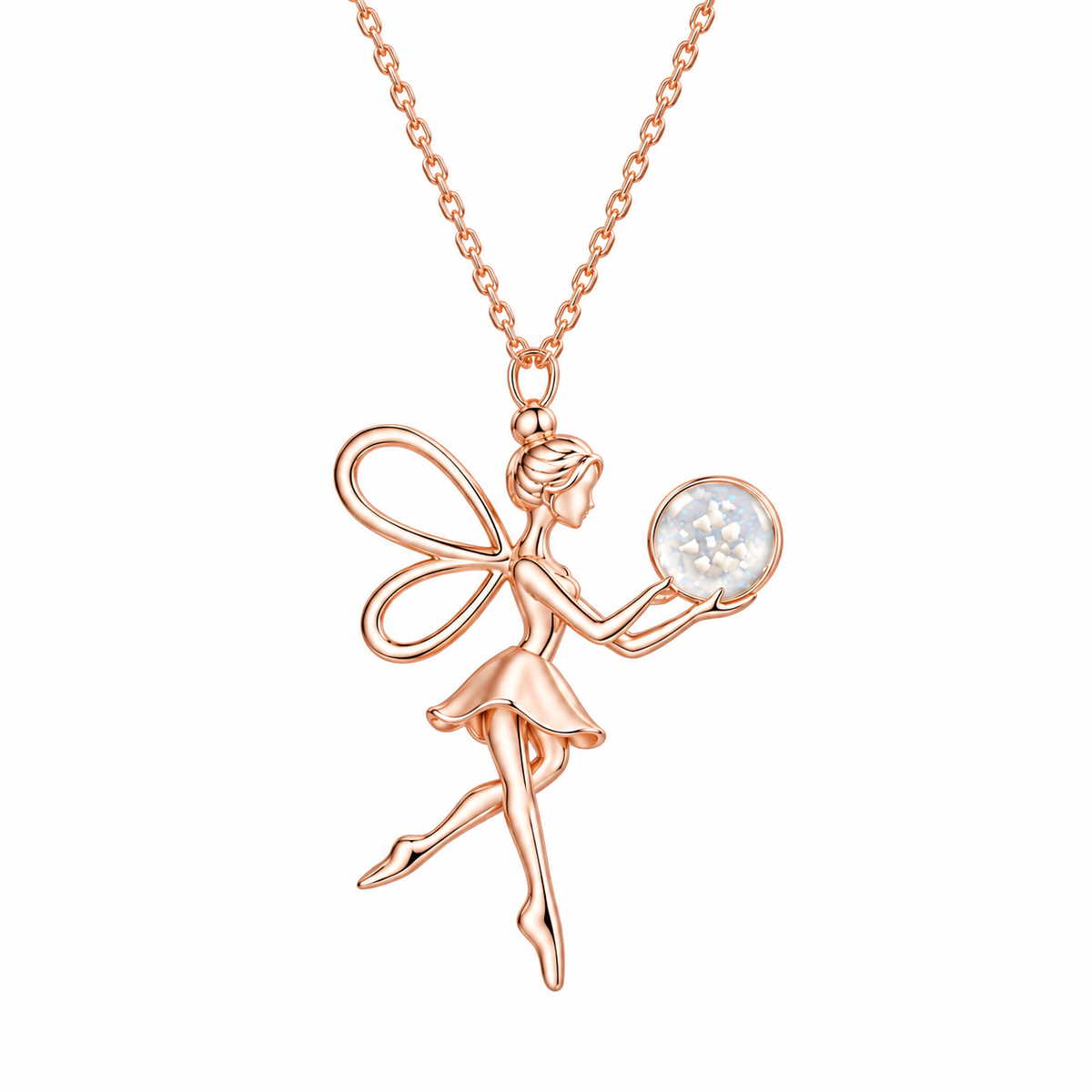 A rose gold fairy pendant necklace featuring a delicate fairy figure holding a sparkling white orb with baby tooth, suspended from a matching rose gold chain against a solid white background.