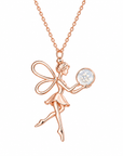 A rose gold fairy pendant necklace featuring a delicate fairy figure holding a sparkling white orb with baby tooth, suspended from a matching rose gold chain against a solid white background.