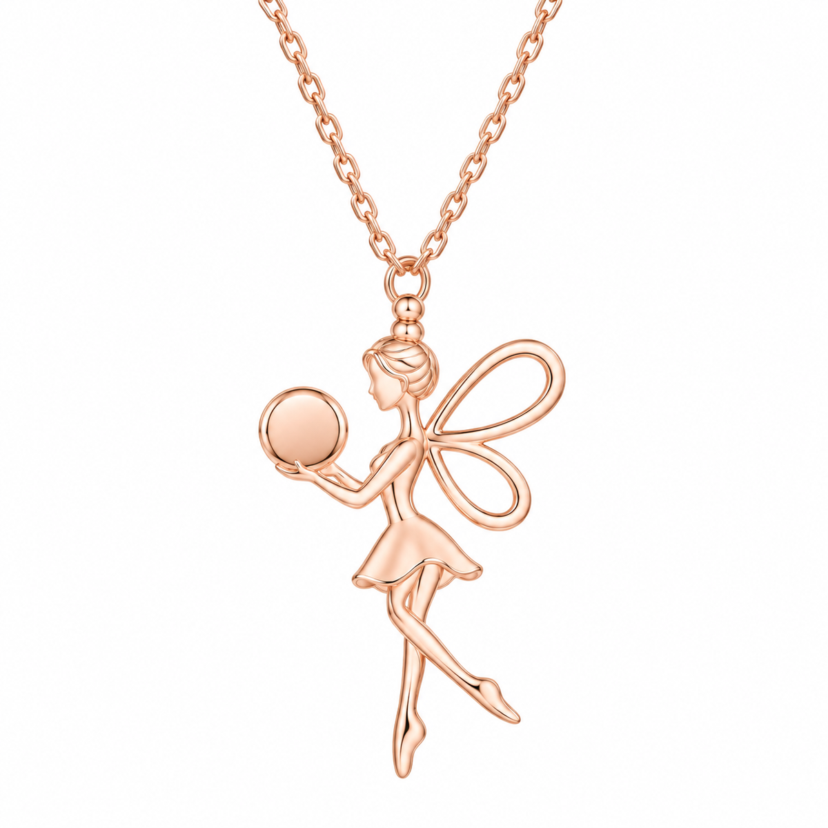 A rose gold fairy pendant necklace featuring a delicate fairy design holding a round mirror, suspended from a matching chain against a solid white background.