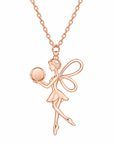 A rose gold fairy pendant necklace featuring a delicate fairy design holding a round mirror, suspended from a matching chain against a solid white background.