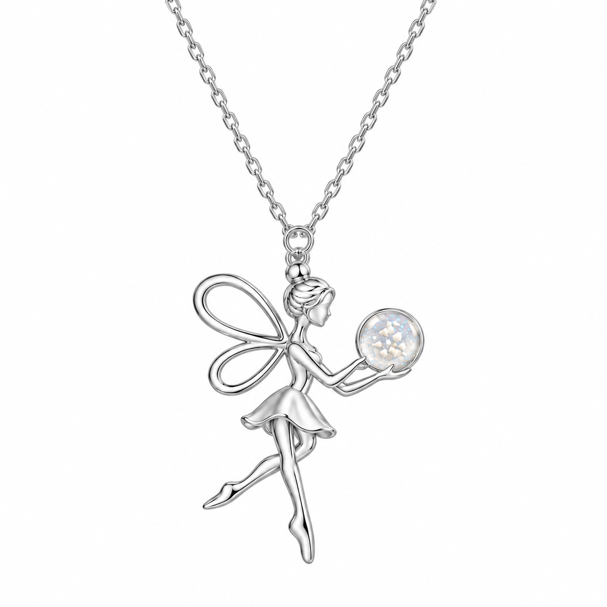 A silver fairy pendant necklace holding a round iridescent opal-like orb with baby tooth, suspended from a delicate silver chain against a plain white background.