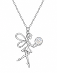 A silver fairy pendant necklace holding a round iridescent opal-like orb with baby tooth, suspended from a delicate silver chain against a plain white background.