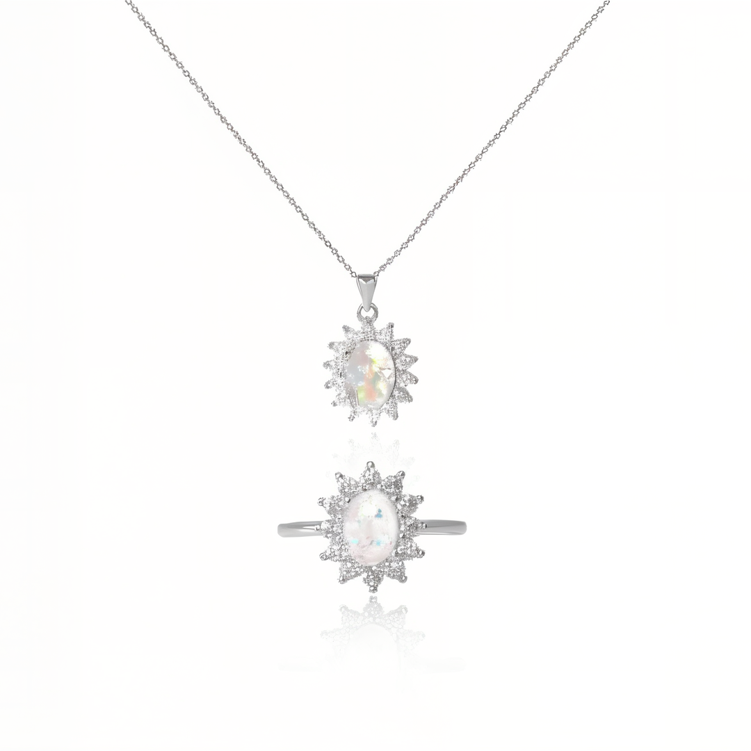 Ovaler Halo-Starburst-Aschering, Halskette und Ohrringe aus Sterlingsilber (DIY-Set)