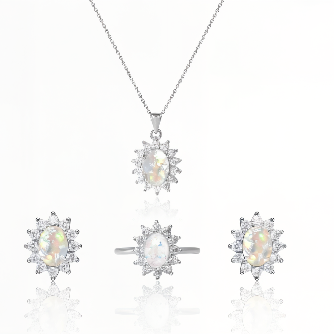 Ovaler Halo-Starburst-Aschering, Halskette und Ohrringe aus Sterlingsilber (DIY-Set)