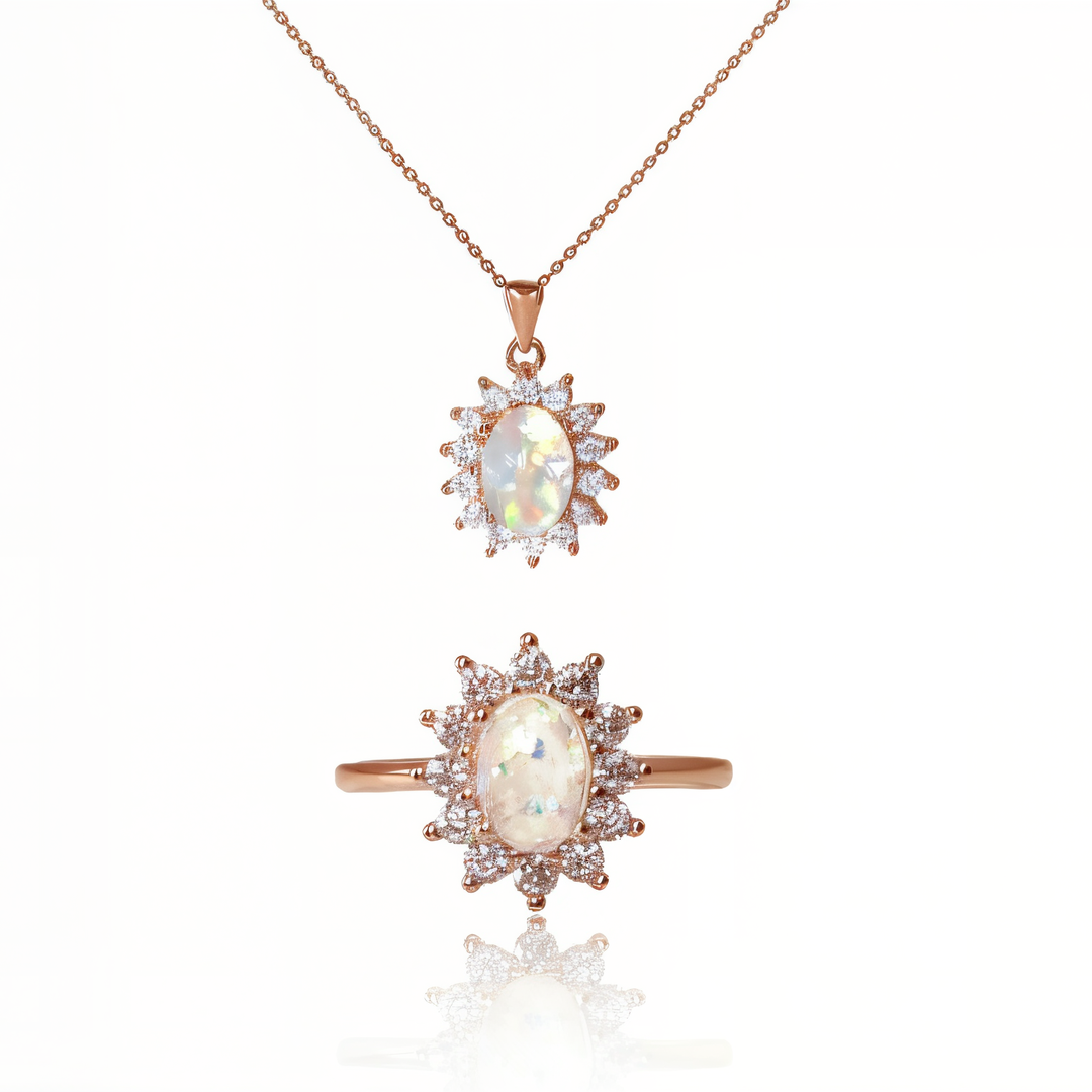 Ovaler Halo-Starburst-Aschering, Halskette und Ohrringe aus Sterlingsilber (DIY-Set)