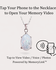 Necklace with opal stone and text about MemoryLink technology on a light gray background