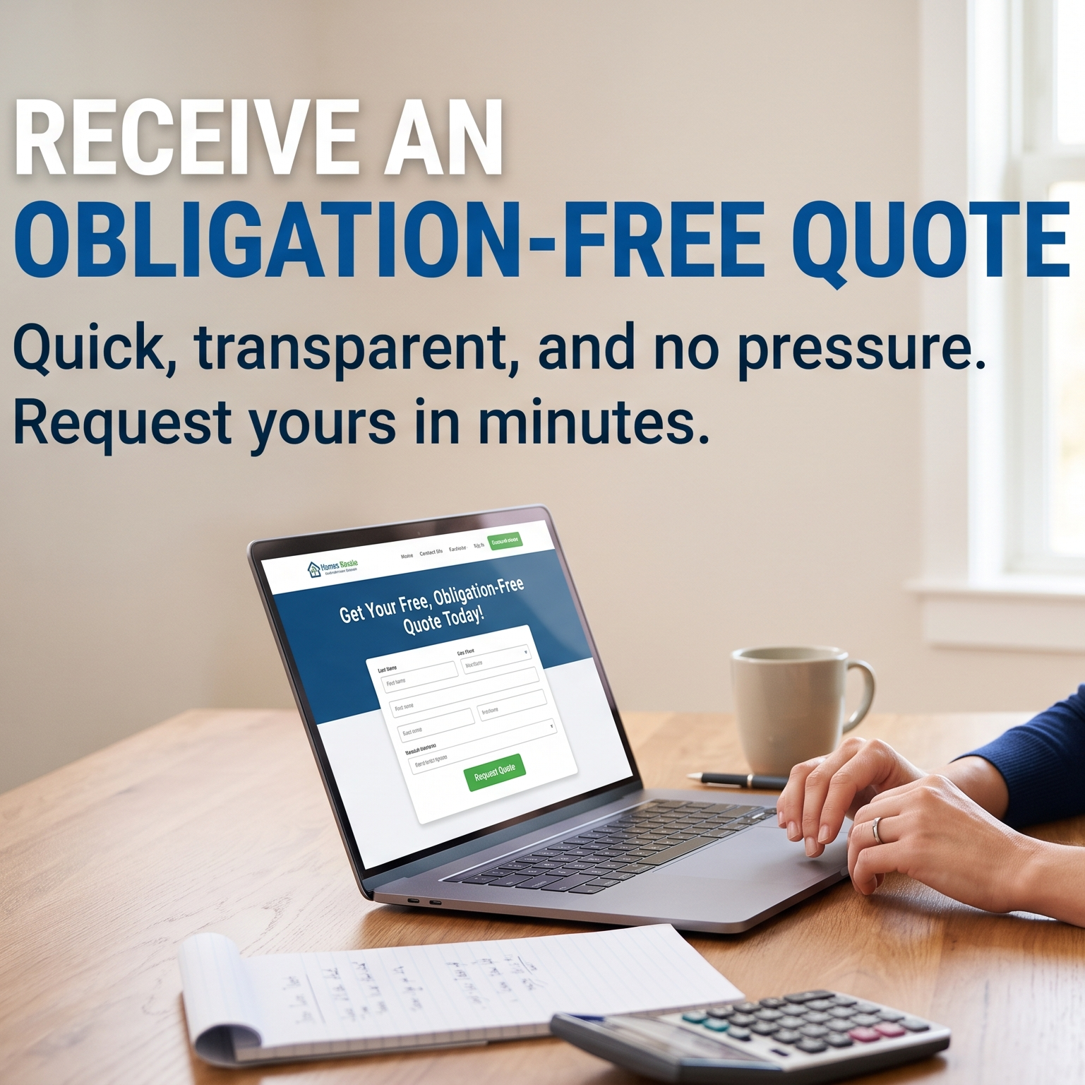 A woman sits at a wooden desk using a laptop computer in a bright room. Large promotional text on the left reads 'RECEIVE AN OBLIGATION-FREE QUOTE' with supporting copy, and a green 'GET STARTED' button appears in the lower right corner.
